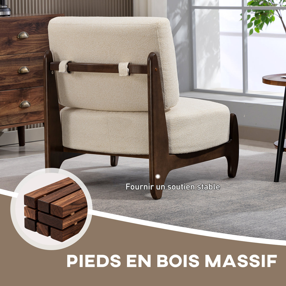 Fauteuil salon en chenille, fauteuil chambre confortable, coussin épais, assise rembourrée, 72 x 73,5 x 81 cm, crème-6
