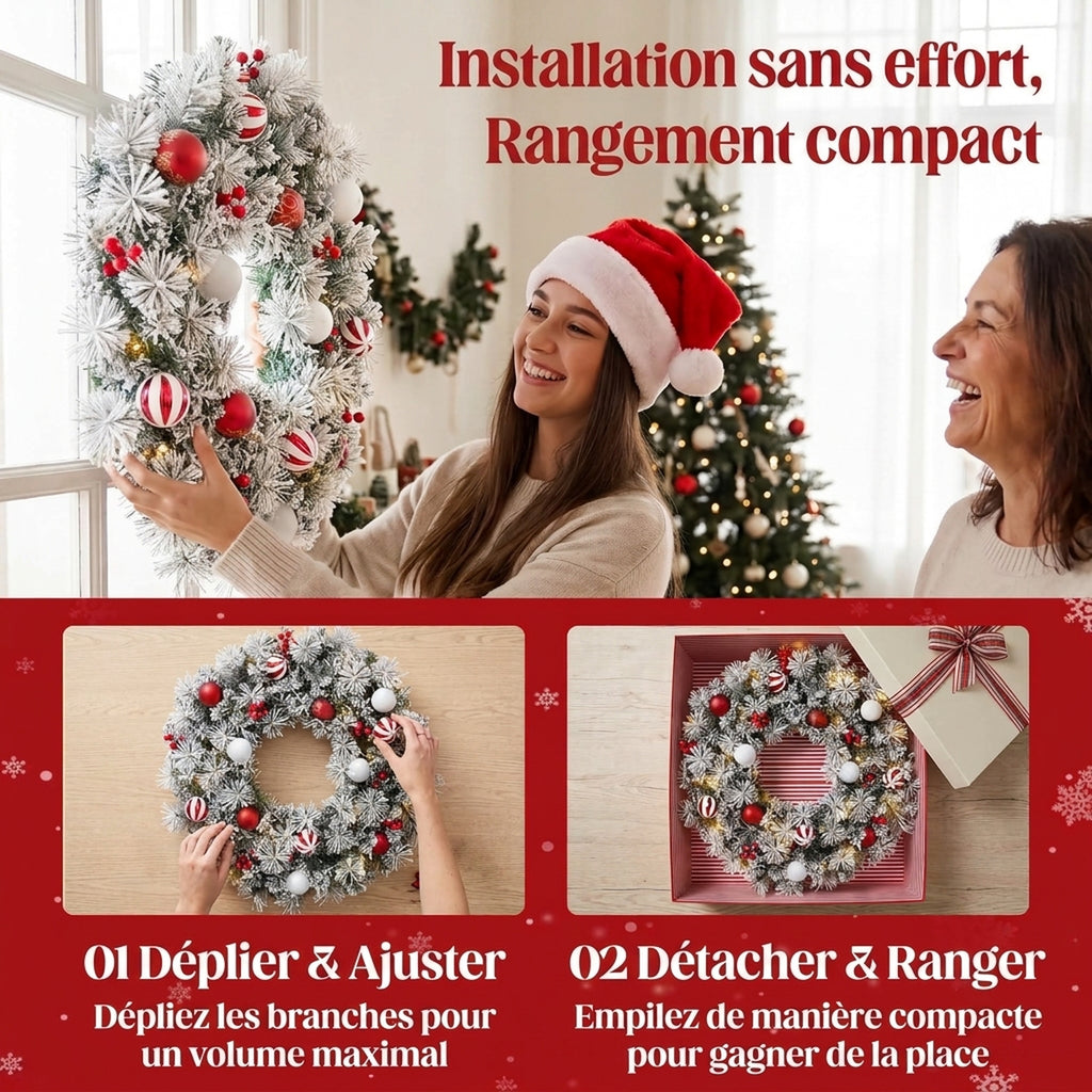 Couronne de Noël Lumineuse 60 cm Enneigée Floquée avec 50 LED, 15 Boules Décoratives, 140 Branches, 8 Modes, Vert-6