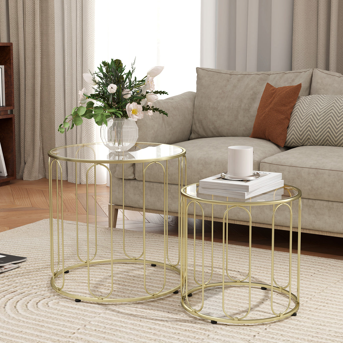 Lot de 2 tables basses gigognes rondes modernes avec cadre en métal et plateau en verre, ton doré-9