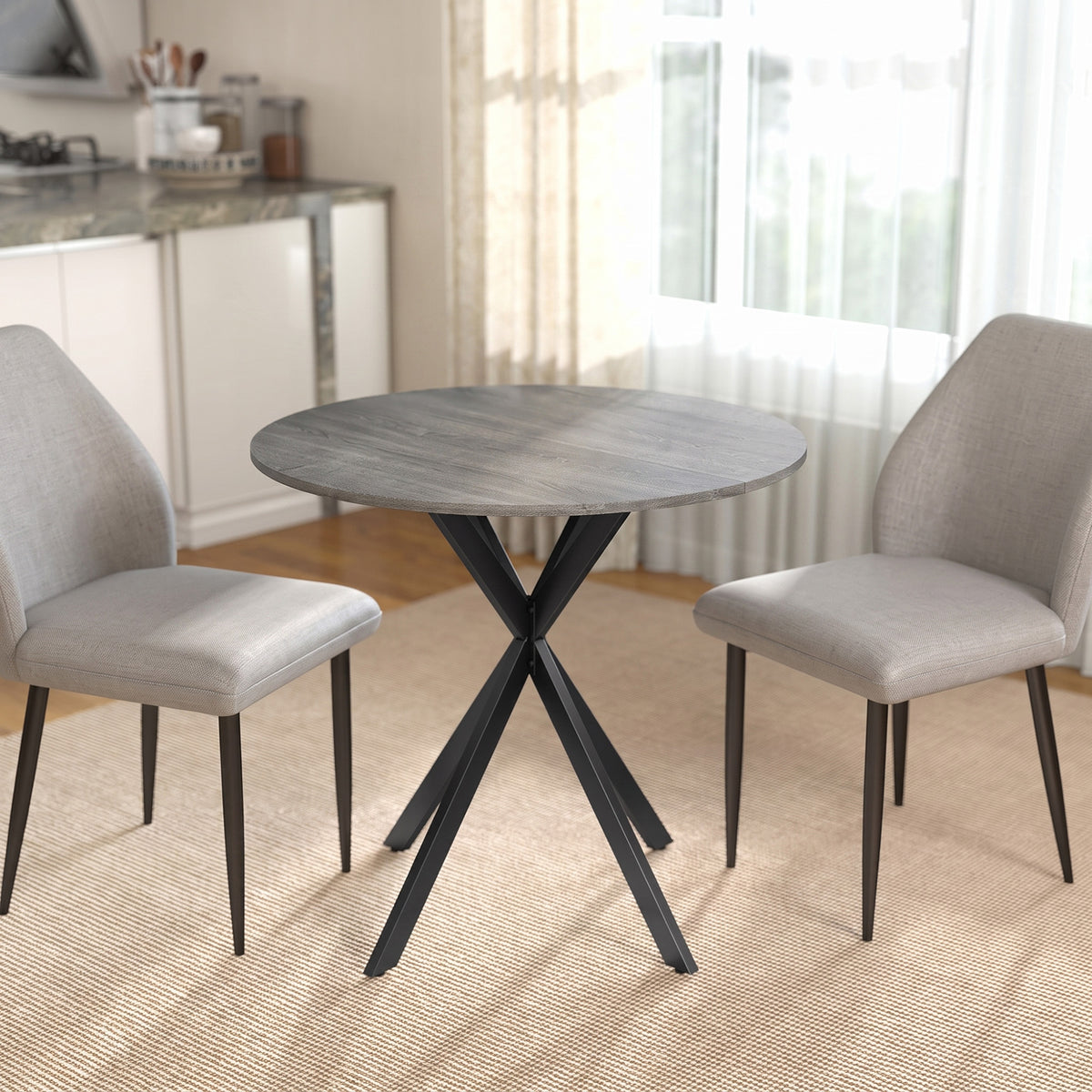 Table à Manger Ronde pour 2 Personnes avec Plateau Aspect Bois et Piètement Croisé en Acier, Gris-1