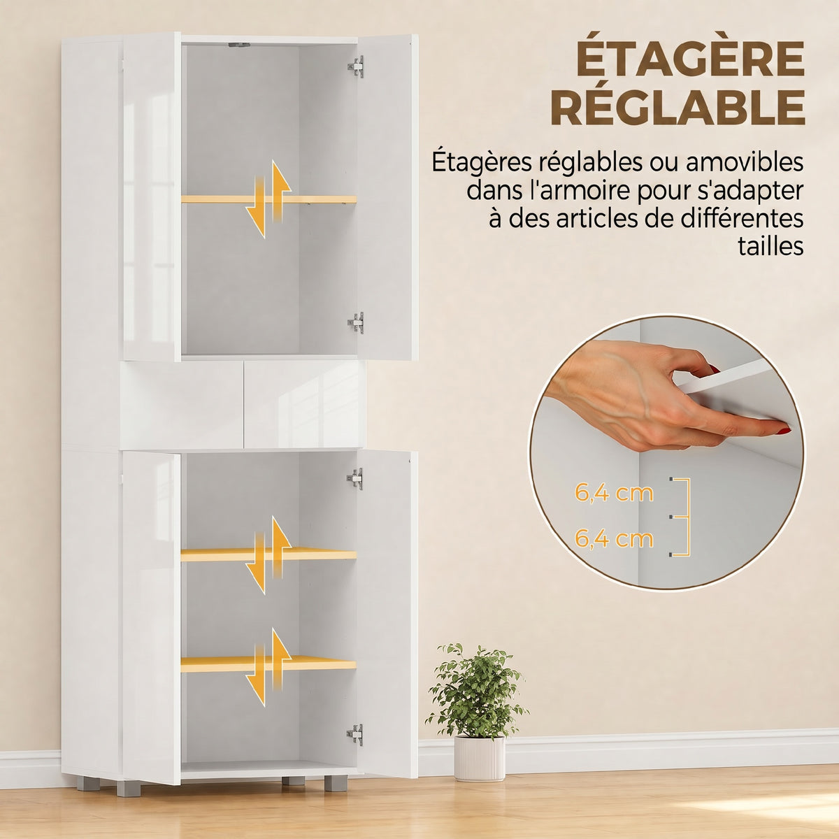 Armoire de cuisine meuble de rangement buffet 4 portes avec étagères réglables - dim. 60L x 35l x 170H cm blanc laqué-4
