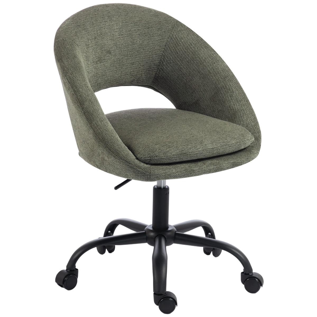 Chaise Bureau Ergonomique en Chenille, Hauteur Réglable, Accoudoirs Intégrés, Pivotant 360°, 59x60x79-89cm, Vert Foncé-0