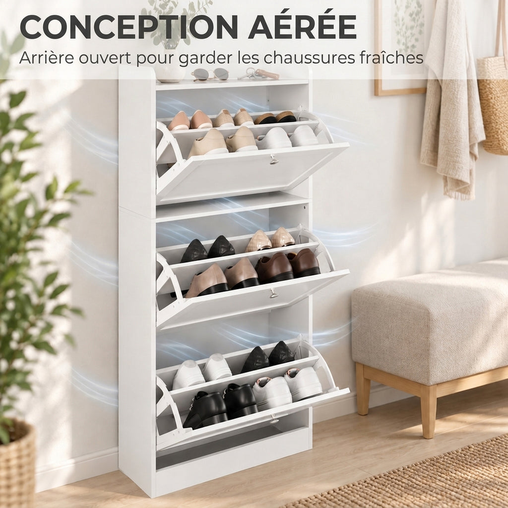 Meuble à Chaussures 15 Paires, Armoire à Chaussures avec 3 Tiroirs, Étagères Réglables et Plateau Supérieur, Blanc-6