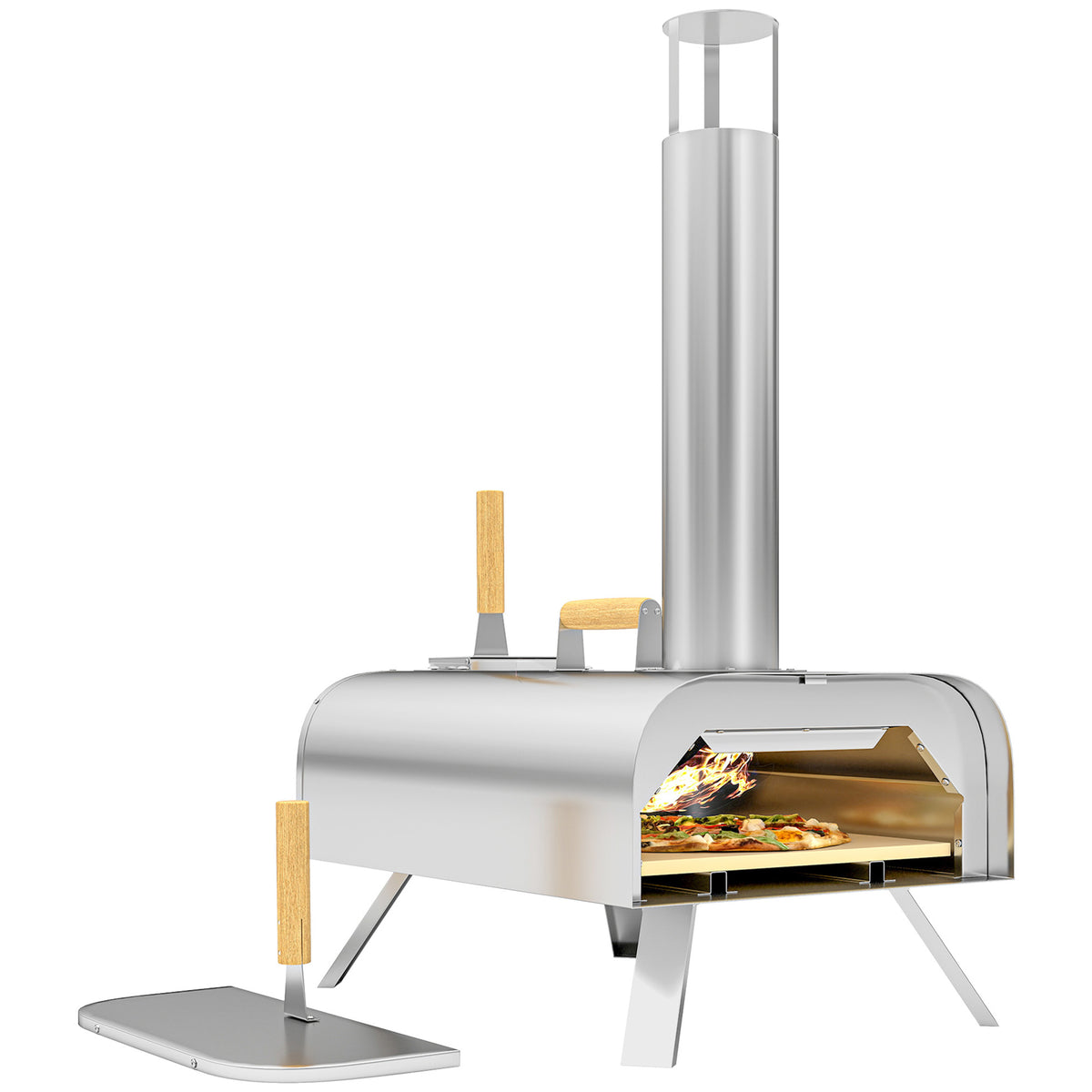 Four à pizza extérieur portable à bois ou à pellet avec pierre à pizza pieds pliables cheminée acier inoxydable argenté-0