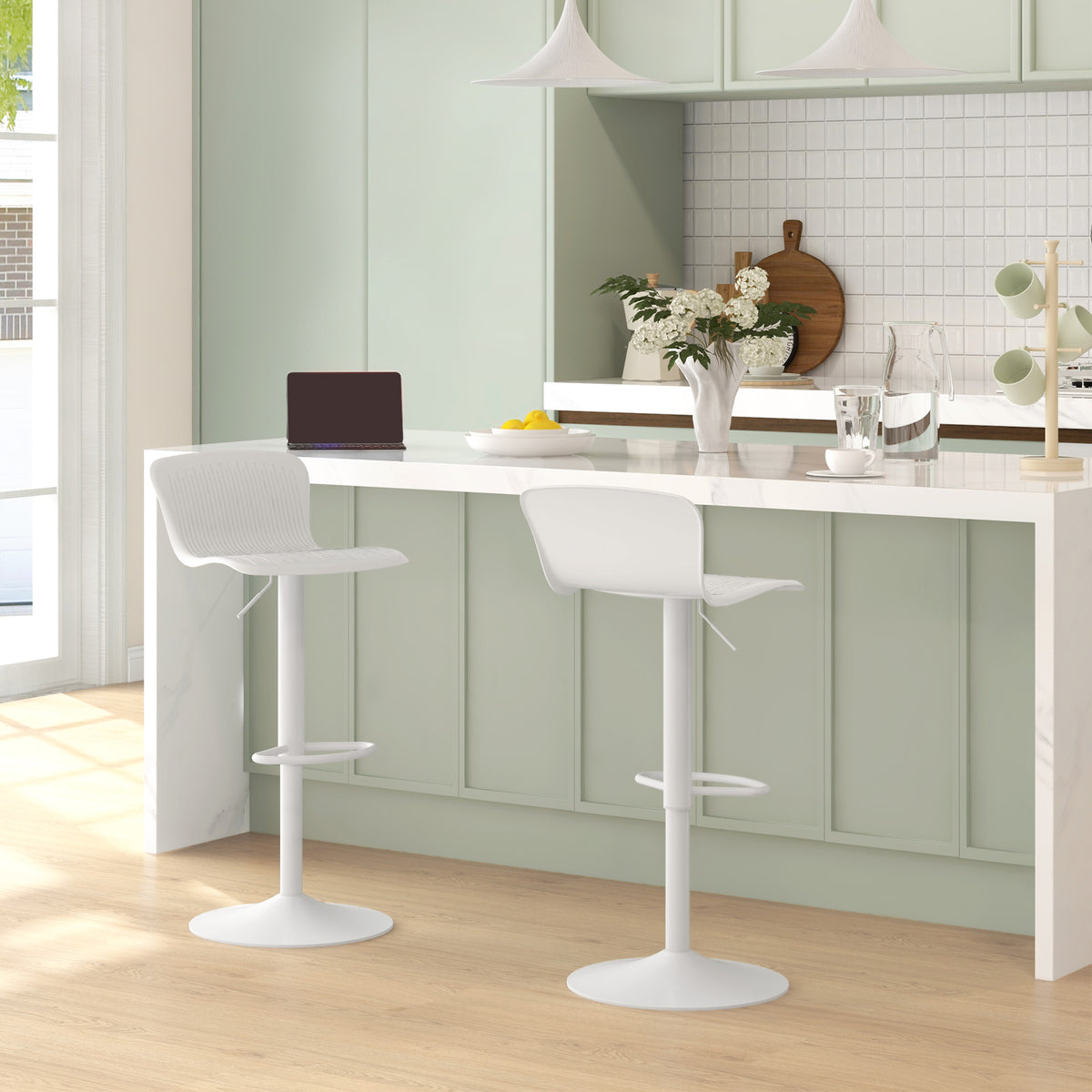 Lot de 2 tabourets de bar, chaises de bar réglable en hauteur, dossier et repose-pieds, 38,5x40x76,5-97,5cm, blanc-1