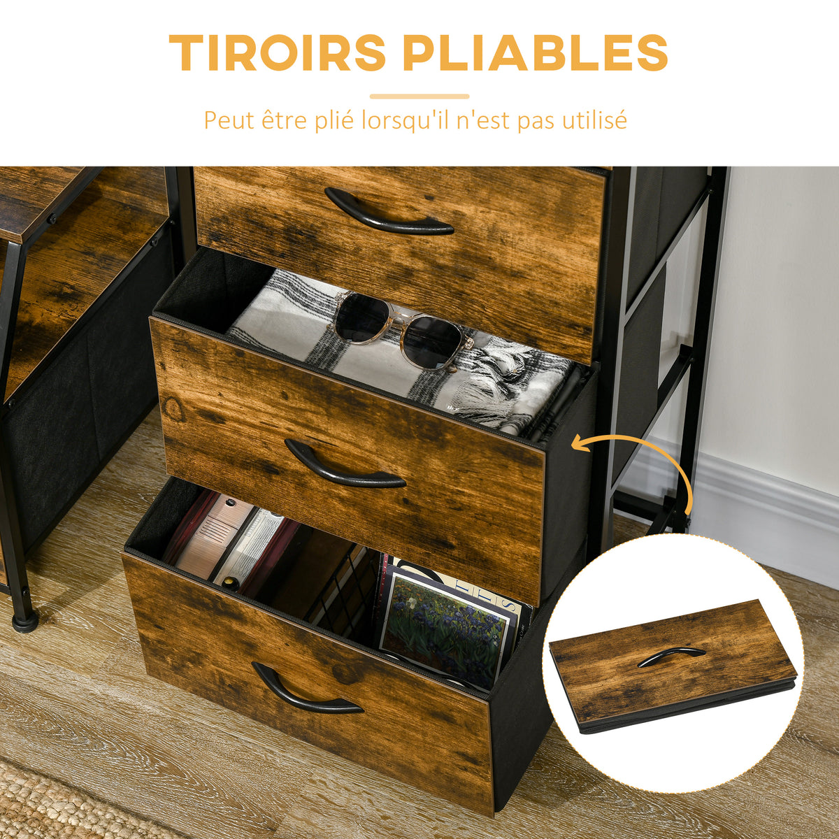 Meuble de rangement style industriel commode 3 tiroirs en tissu amovibles et 2 étagères - 44 x 29 x 92 cm - bois et métal-4