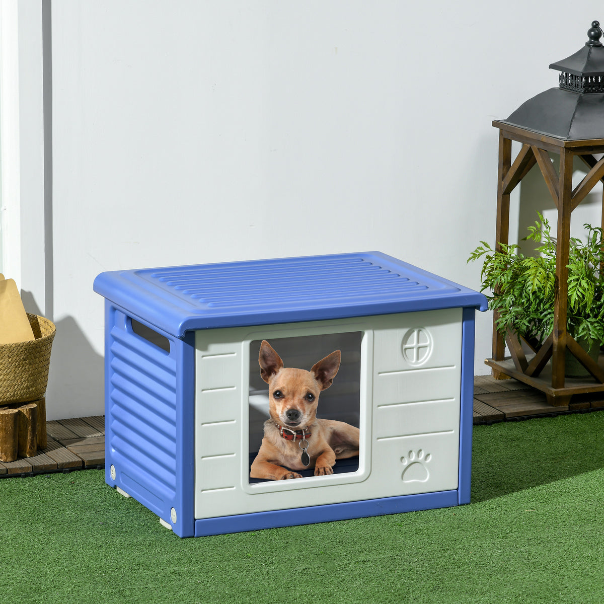 Niche pour chien extérieure en plastique maison pour chiens avec bouches d'aération bleu et blanc-1
