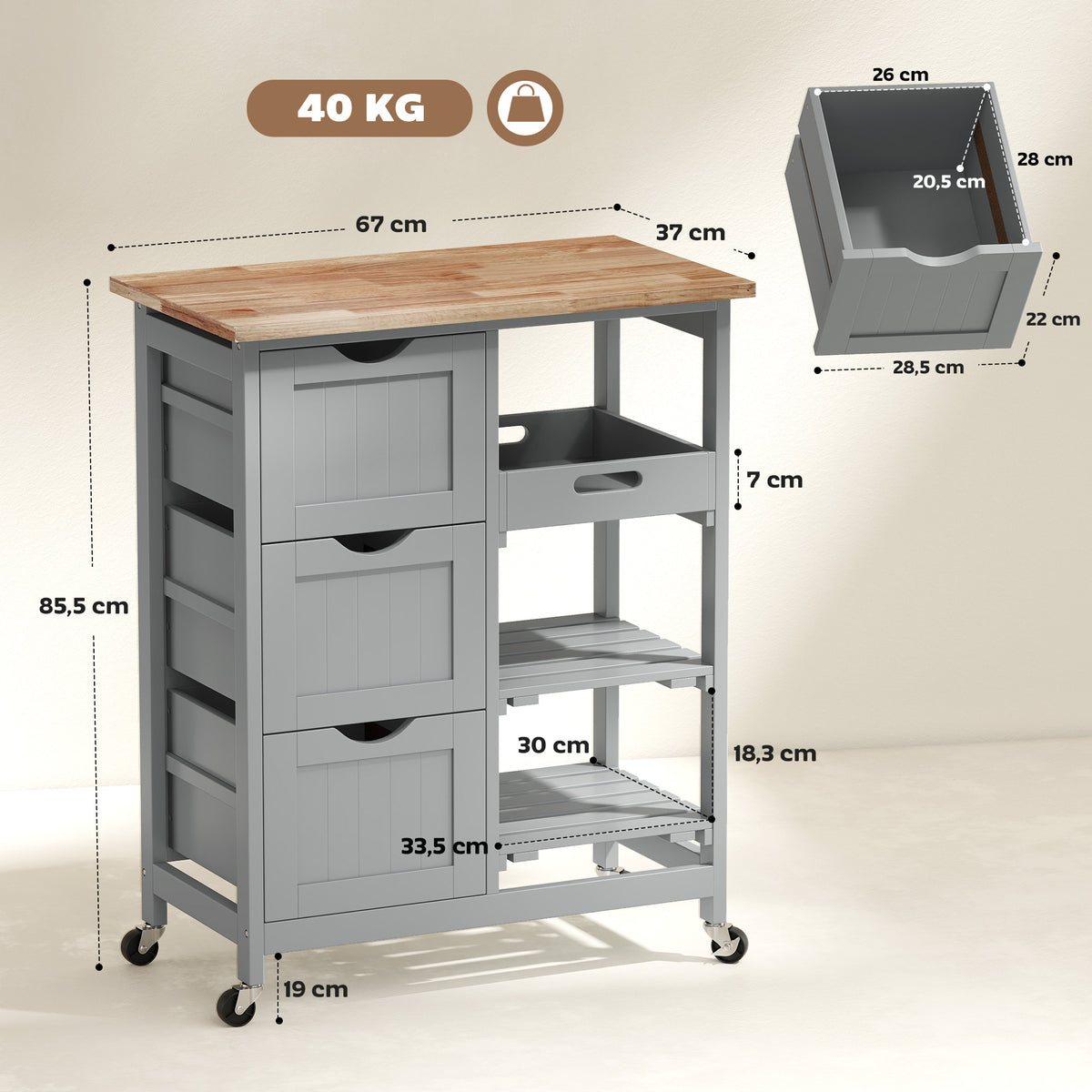 Chariot desserte de cuisine à roulettes plan de travail en bois 3 tiroirs et 1 plateau amovible 67 x 37 x 85,5 cm gris-2