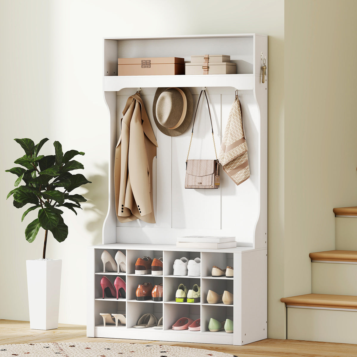 Porte-Manteau 4-en-1 avec Banc, Banc d'Entrée avec 12 Compartiments à Chaussures, 6 Crochets et Étagère Ouverte, Blanc-9