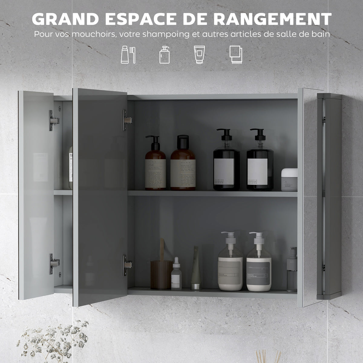 Armoire murale de salle de bain avec 3 portes miroir et étagères réglables en MDF Gris dim. 90L x 15l x 60H cm-4