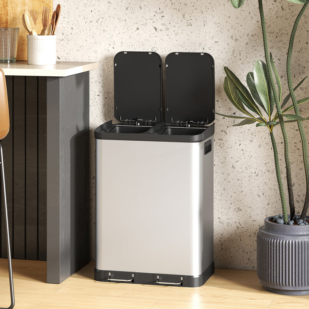 Poubelle de cuisine à double compartiment 2 x 30L avec pédale en acier inoxydable, couvercle à fermeture douce, argent-7