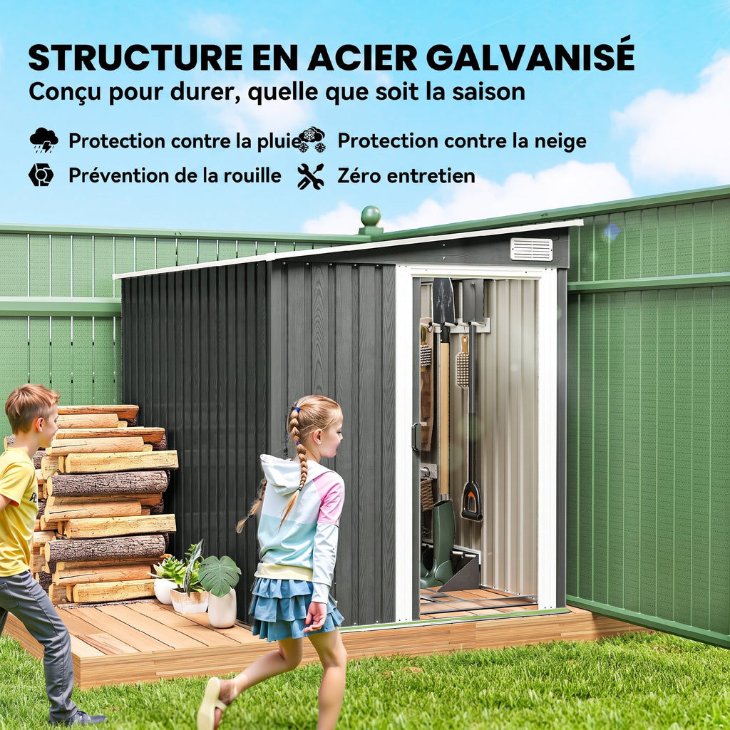 Abri de Jardin 2,81 m² avec Fondation, Abri à Outils Extérieur Adossé en Acier Galvanisé, 154x206,5x181cm, Gris Clair-3