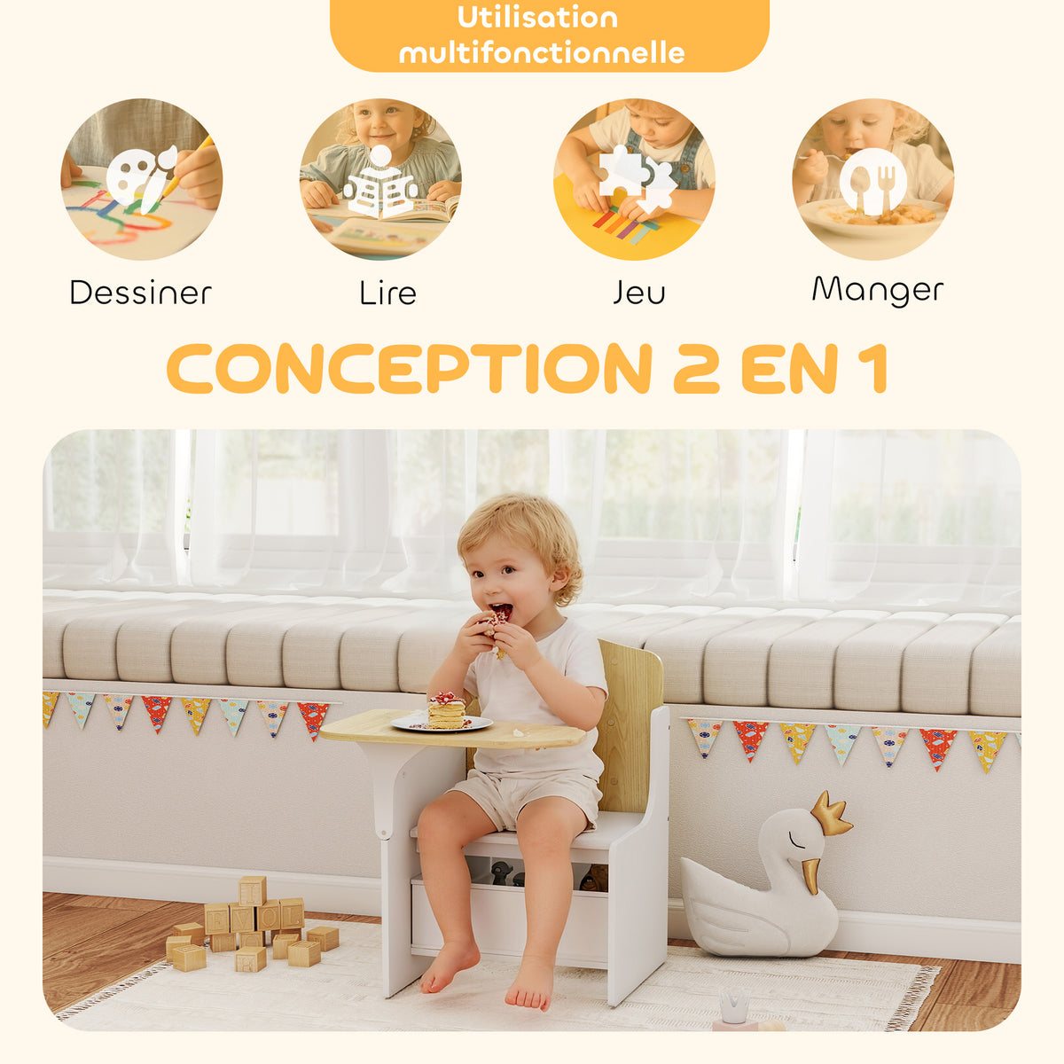 Bureau et chaise pour enfants avec bac de rangement, ensemble table d'activité 2-en-1 pour dessin lecture et jeux, blanc-3