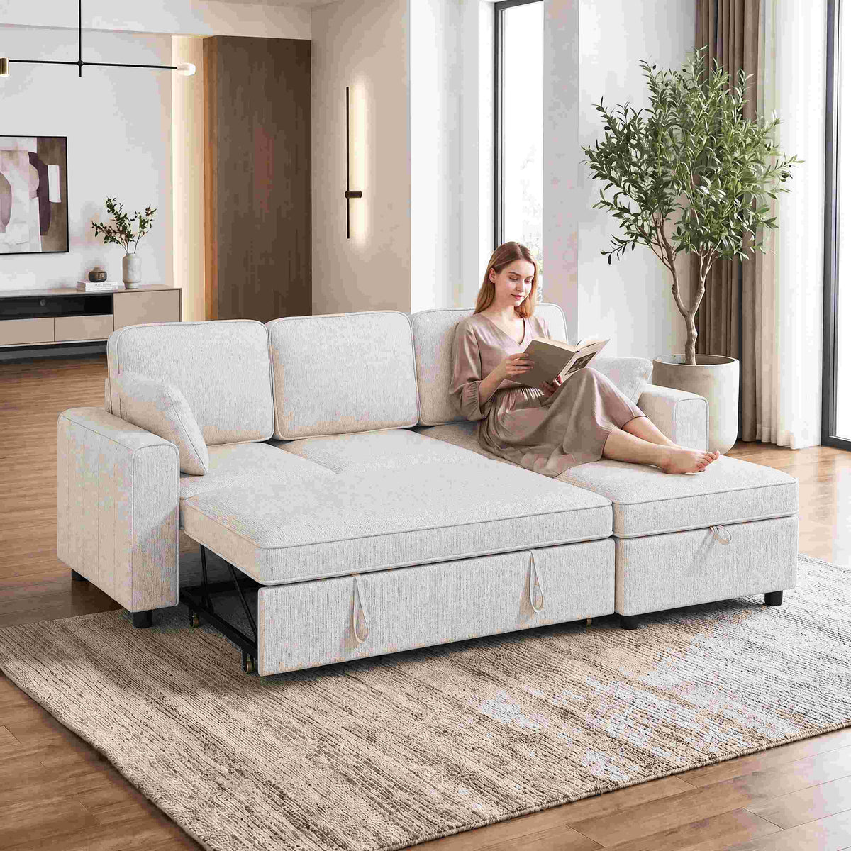 Canapé d'Angle Convertible en Chenille, Canapé-Lit 3 Places Modulaire 225 cm avec Pouf de Rangement, Beige-5