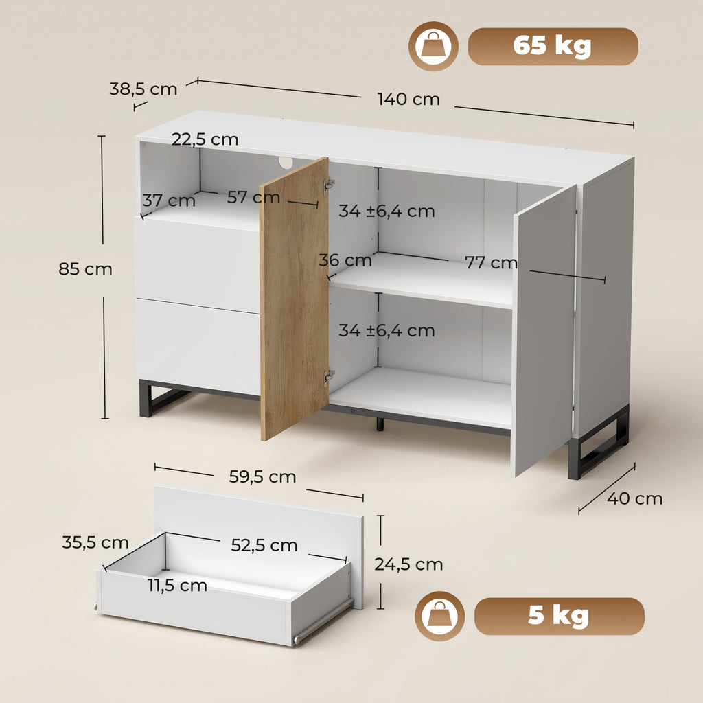 Buffet salon, meuble de rangement avec 2 portes à fermeture douce, 2 tiroirs et étagère réglable, blanc et chêne-2