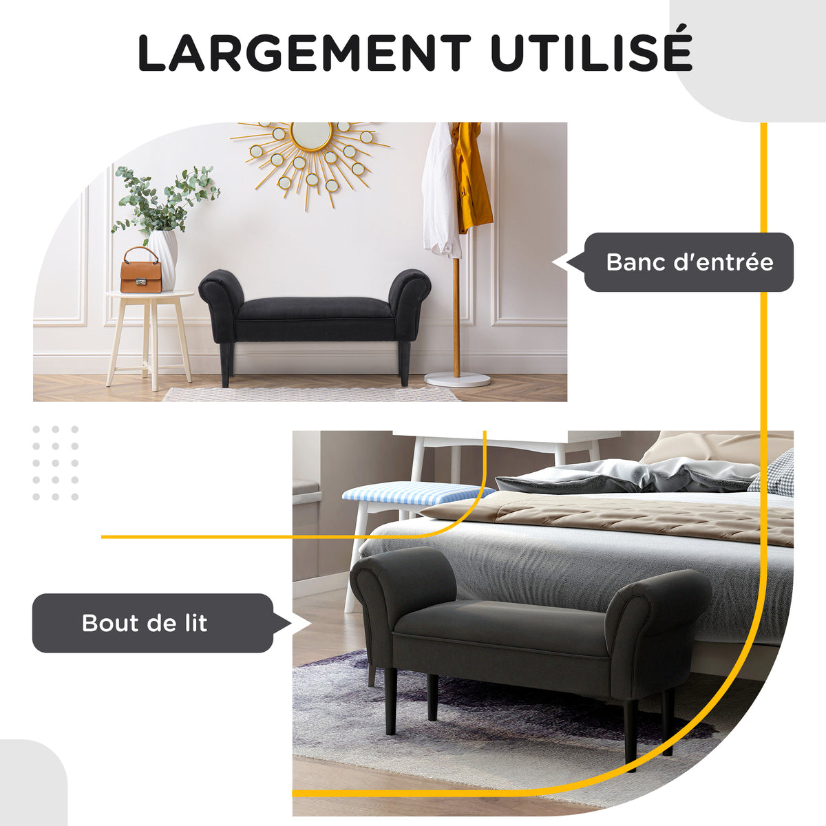 Banc Entrée Bout de Lit Rembourré pour Chambre à Coucher, Tissu à Voile, 102 x 36 x 51 cm, Noir-4
