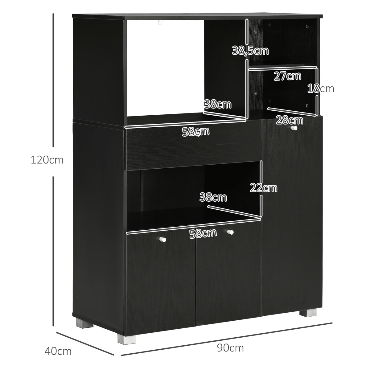 Meuble de micro-onde multi-rangements 2 placards 4 niches tiroir coulissant dim. 90L x 40l x 120H cm en bois noir-2