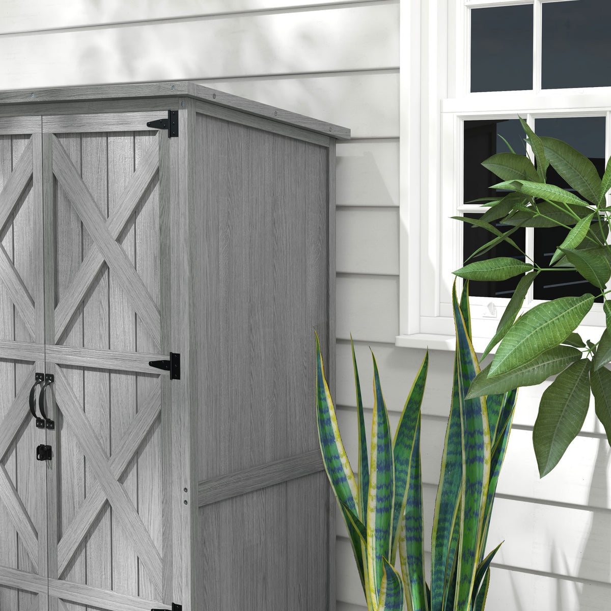 Armoire de jardin, abri jardin sur pied, avec 2 étagères, toit incliné et bitumé, en bois massif, 90x54,5x168,5cm, gris-7