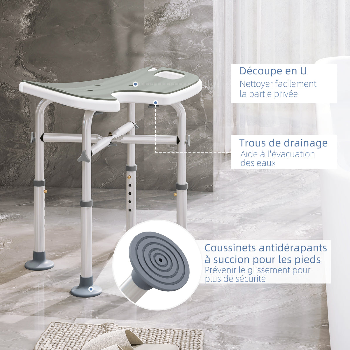 Tabouret de douche siège de douche hauteur ajustable 39-51,5 cm barre d'appui à ventouse patins à ventouse gris-3