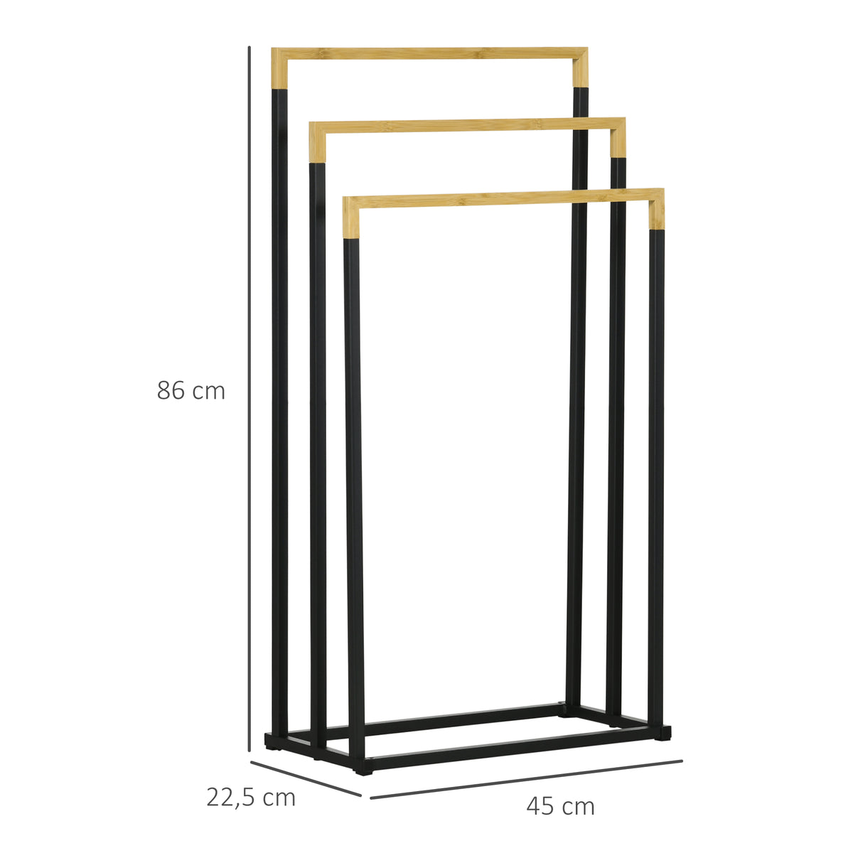 Porte-serviettes en bambou et acier sur pieds avec 3 barres support pour serviette 45 x 22,5 x 86 cm noir et naturel-2