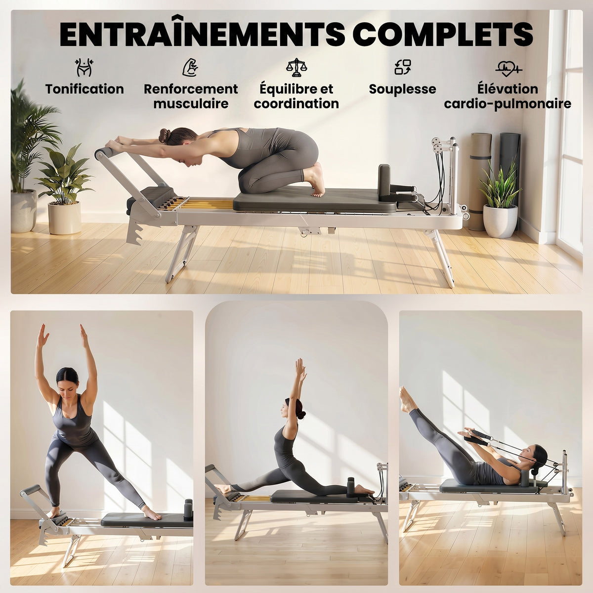 Machine Reformer Pilates Pliable Système Hybride 4 Ressorts & 5 Cordes Silencieux Acier 195 x 56 x 88 cm Blanc-3