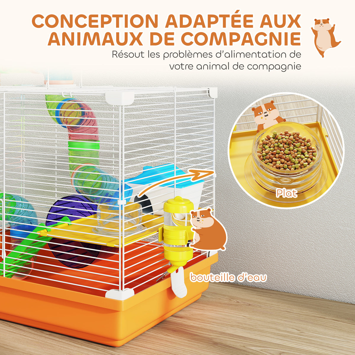 Cage à Hamster Rongeur 2 Niveaux avec Tunnel, Biberon d'Eau, Roue, Maisonnette, Échelles, 46 x 30 x 37 cm, Orange-4