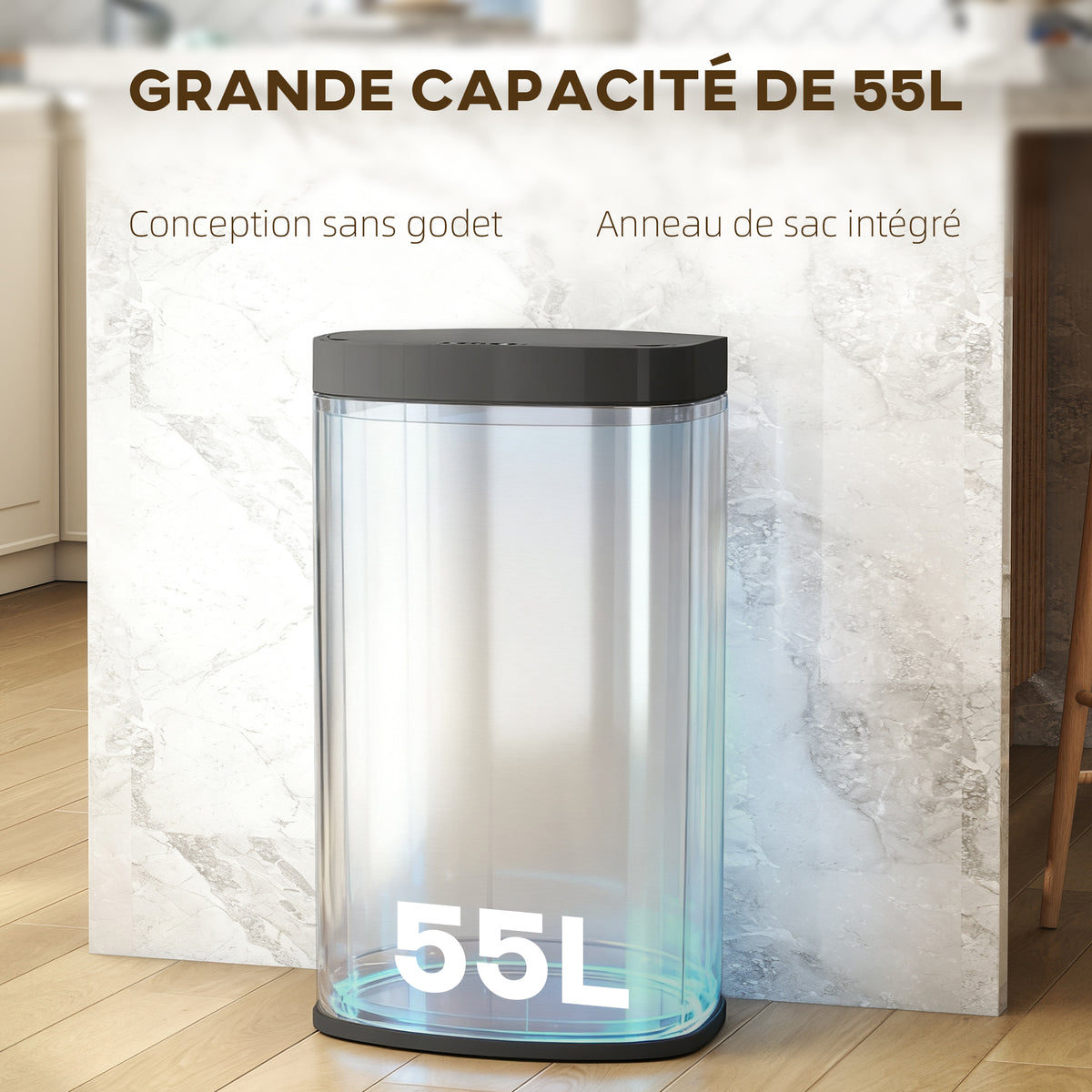 Poubelle cuisine automatique 55L en acier inoxydable, poubelle à couvercle à fermeture en douceur, 38x28,5x69cm, argent-4