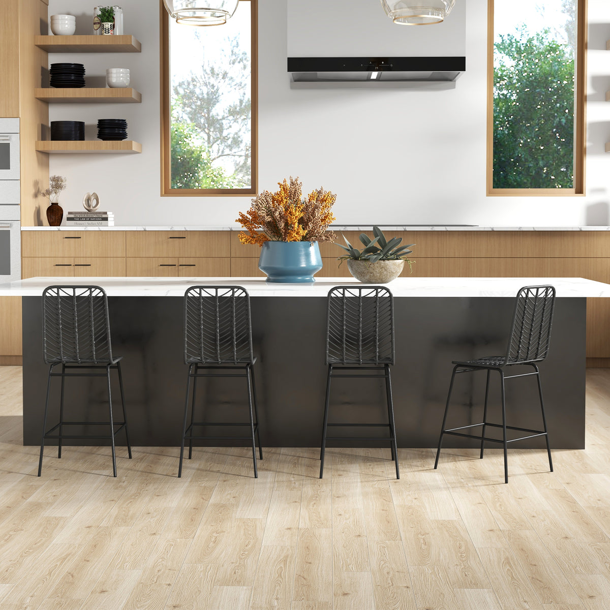 Lot de 4 tabourets de bar design bohème hauteur 66 cm avec repose-pieds métal et rotin PE - noir-1