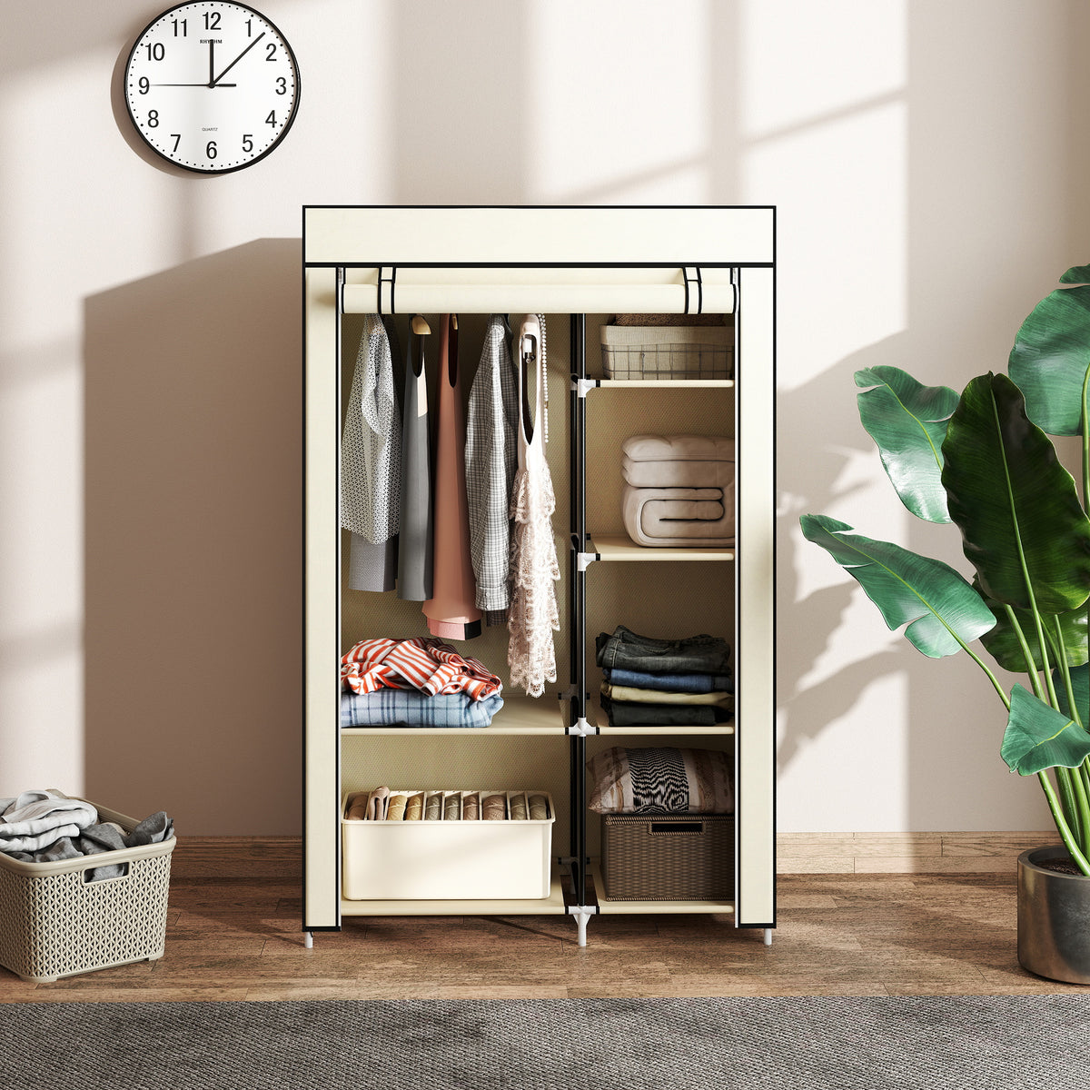 Armoire penderie en tissu meuble de rangement tringle à vêtements et étagères ouvertes 103x43x162,5cm crème-6
