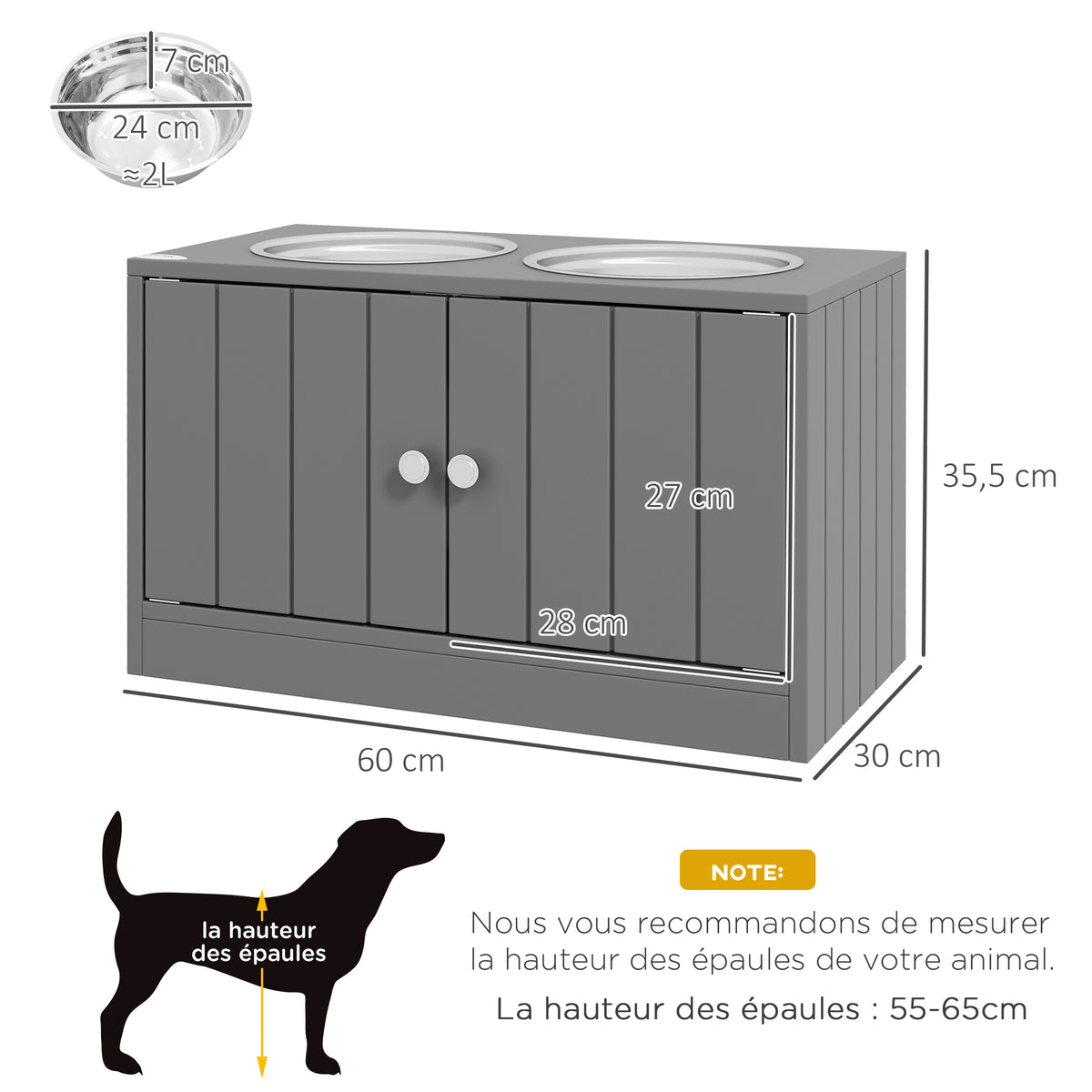 Gamelles Chiens Surélevées Gamelle Double Chien Chat Porte-Gamelles 2L Acier Inox 60 x 30 x 35,5 cm Gris-2