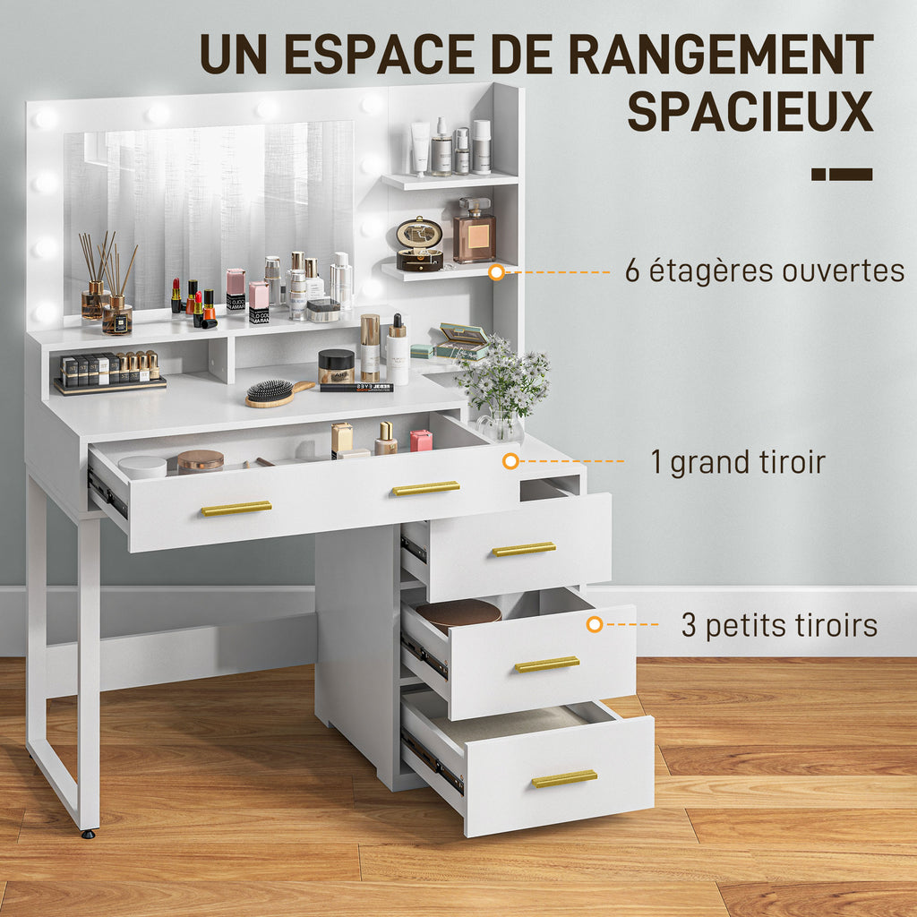 Coiffeuse avec miroir et 9 lumières LED, 4 tiroirs et 6 compartiments ouverts, 100 x 40 x 138 cm, blanc-3