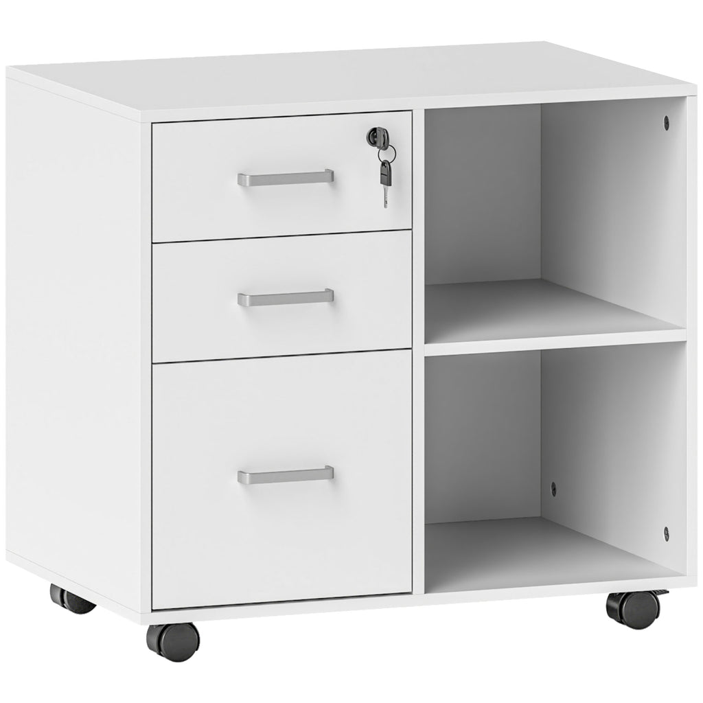 Support d'imprimante à 3 tiroirs verrouillables, meuble de rangement sur roulettes, étagères ouvertes, 60x40x56cm, blanc-0
