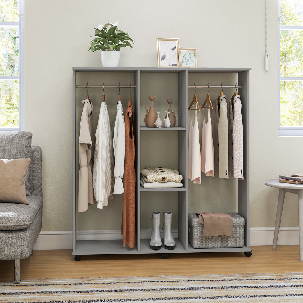 Armoire penderie meuble de rangement mobile 6 roulettes 120 x 40 x 128 cm en bois gris-6