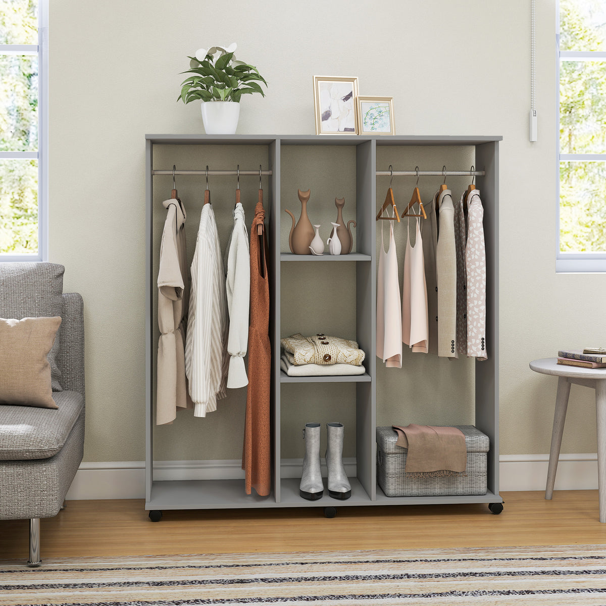 Armoire penderie meuble de rangement mobile 6 roulettes 120 x 40 x 128 cm en bois gris-6