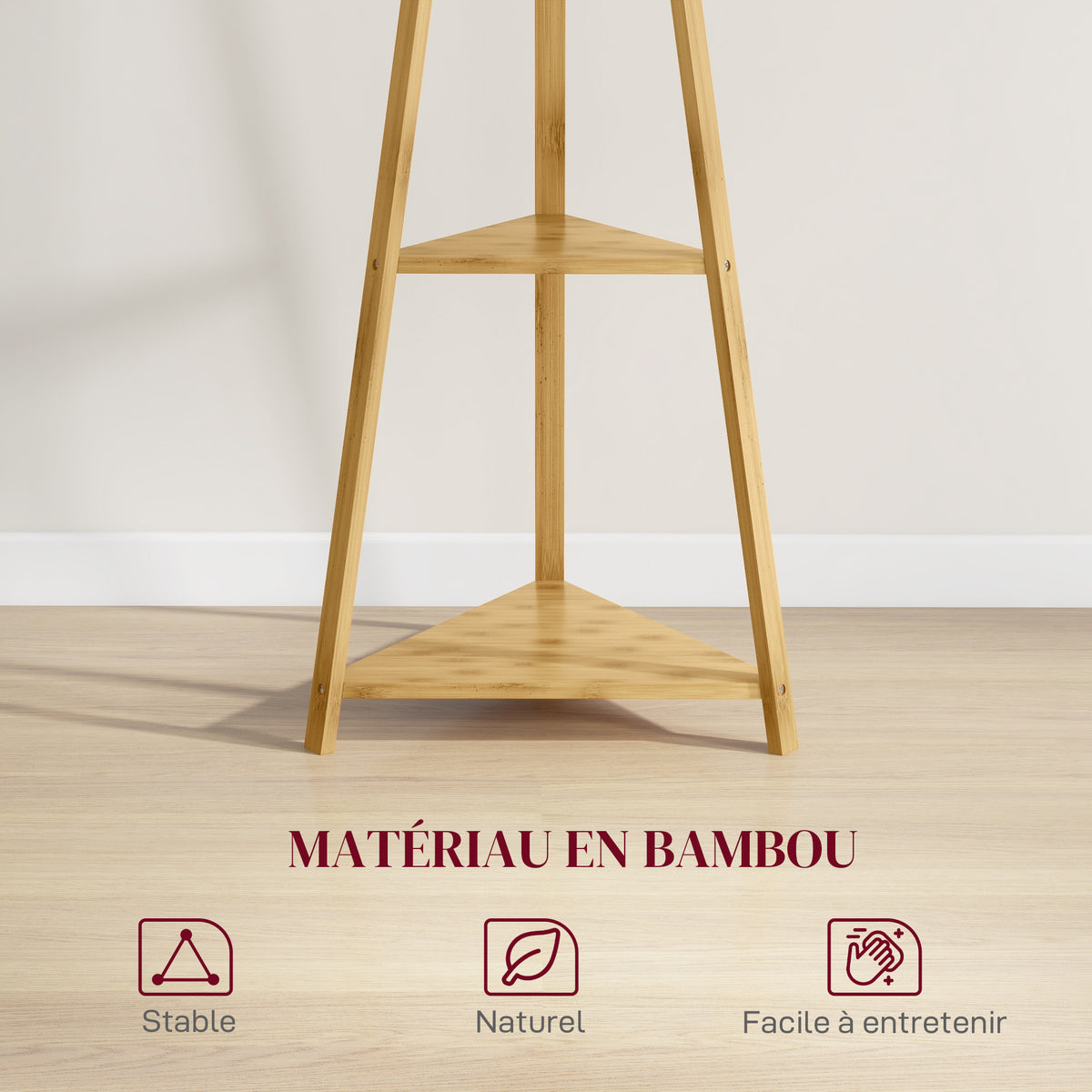 Portemanteau sur pied en bois bambou portant à vêtements 8 patères 3 étagères 46 x 46 x 175 cm naturel-3