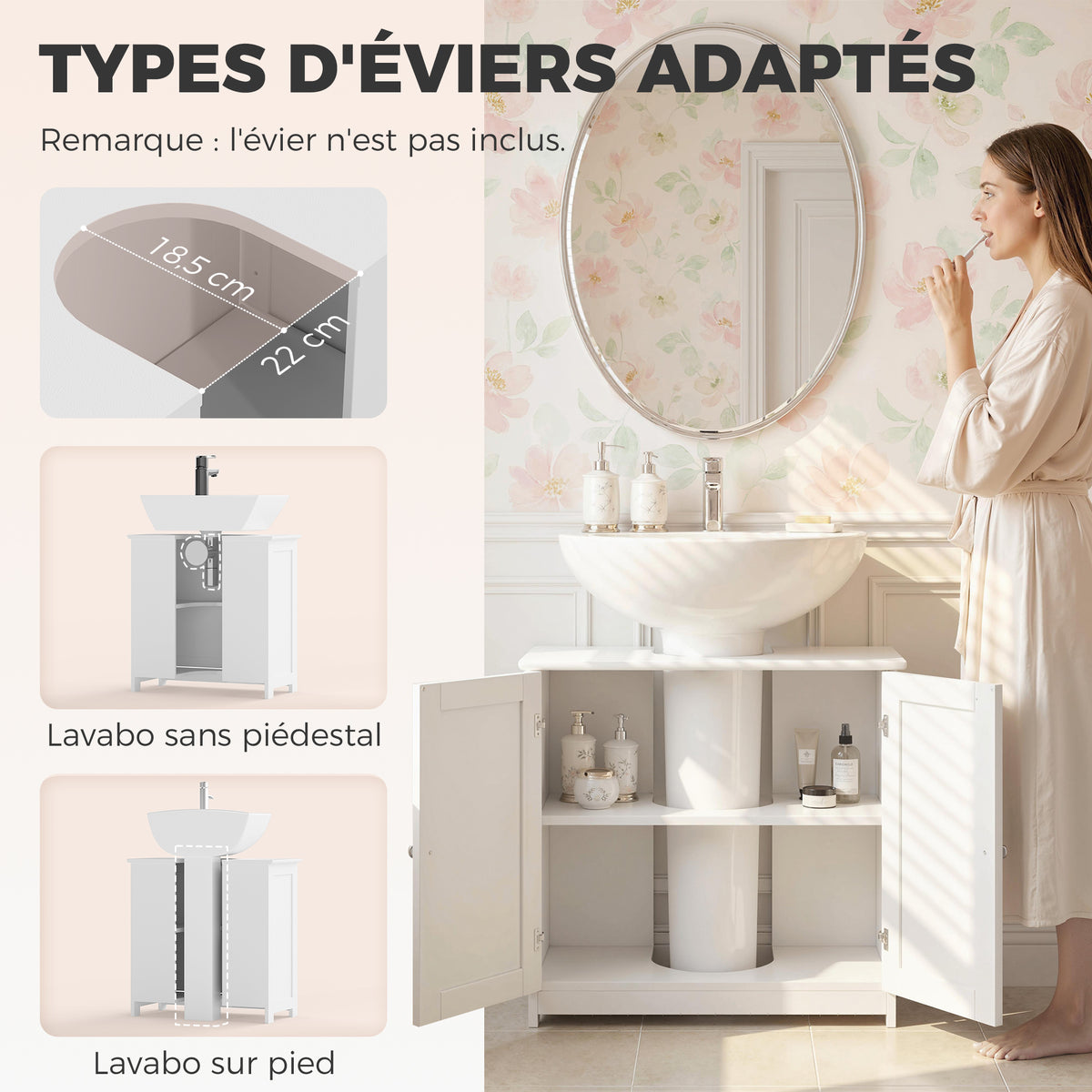 Meuble salle de bain sous lavabo - meuble sous-vasque - placard 2 portes avec étagère - dim. 60L x 30l x 60H cm - en bois blanc-3