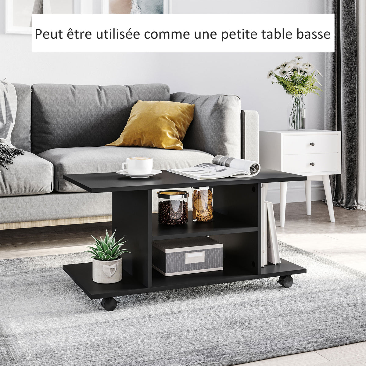 Meuble TV avec Roulettes 80 cm, Meuble Télé pour Téléviseur jusqu'à 42 Pouces avec Étagères Ouvertes, Style Moderne, Banc TV pour Salon, Chambre, Noir-5