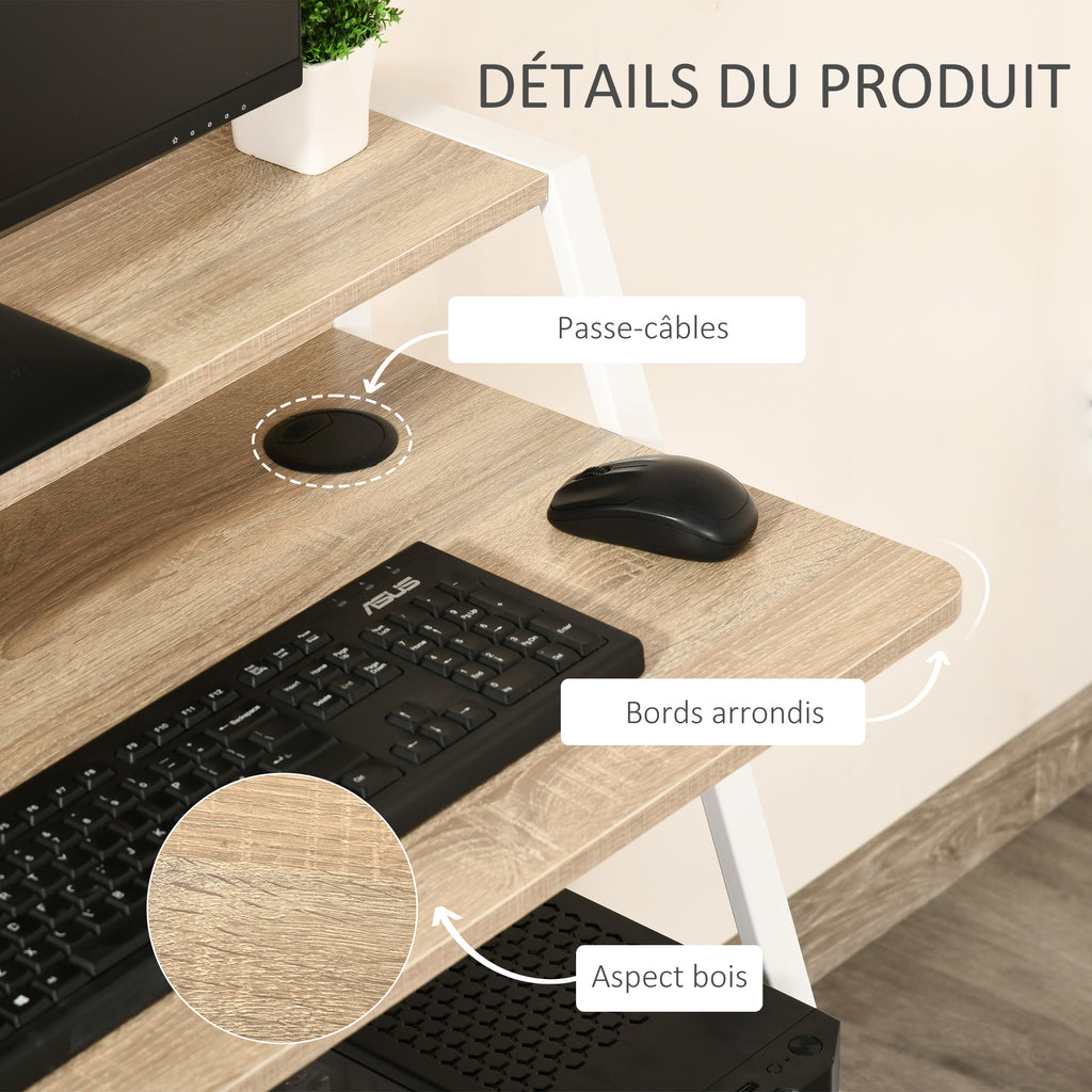 Bureau Informatique Table Ordinateur d'étude dim. 84L x 45l x 85H cm Style Simple en Bois chêne Clair Blanc-6