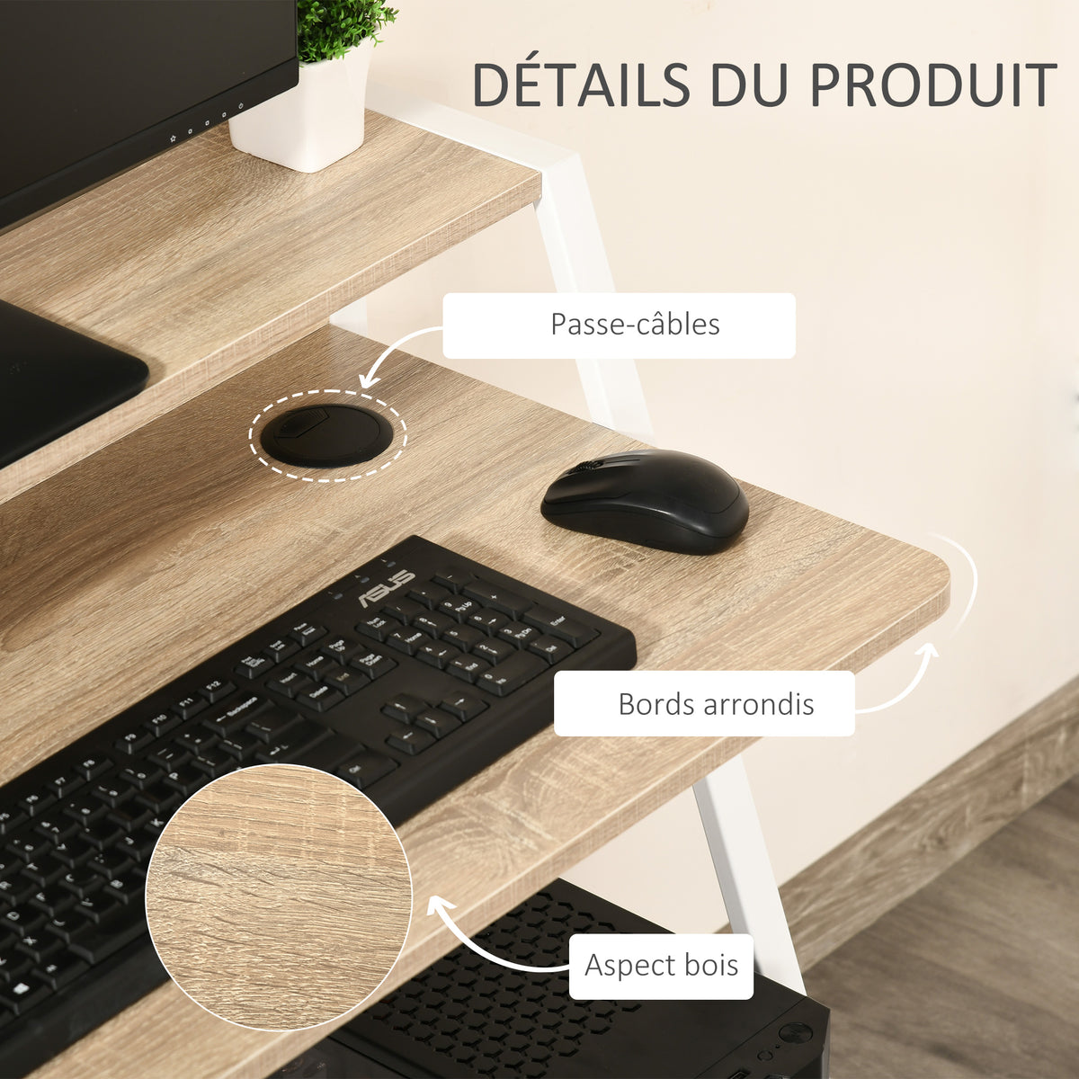 Bureau Informatique Table Ordinateur d'étude dim. 84L x 45l x 85H cm Style Simple en Bois chêne Clair Blanc-6
