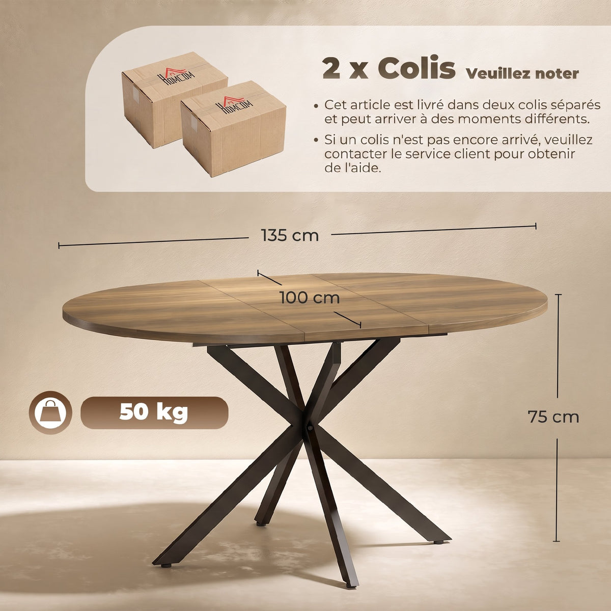 Table à manger extensible ovale pour 4 à 6 personnes, table de cuisine avec rallonge 100-135 cm, effet bois marron-2