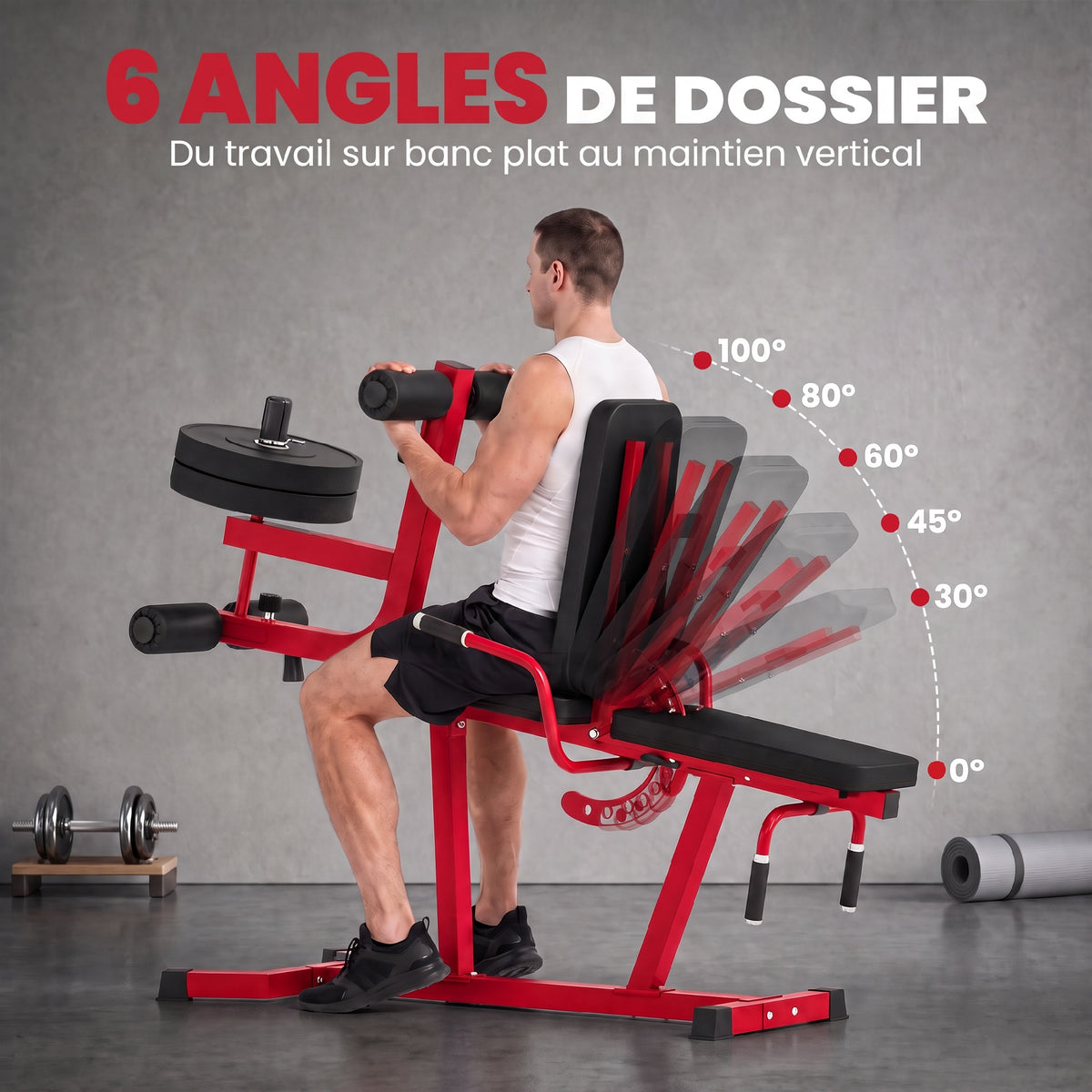 Machine d'Extension de Jambe 3 en 1 Charge 300 kg, Dossier et Positions Réglables, Disques Libres, 163x58x118cm, Rouge-5
