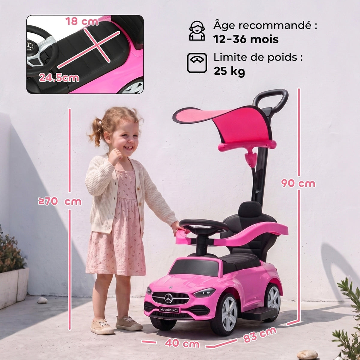 Porteur Enfants 3 en 1 Mercedes-Benz sous Licence, Garde-Corps, Espace de Rangement, Klaxon, 83x40x90cm, Rose-2