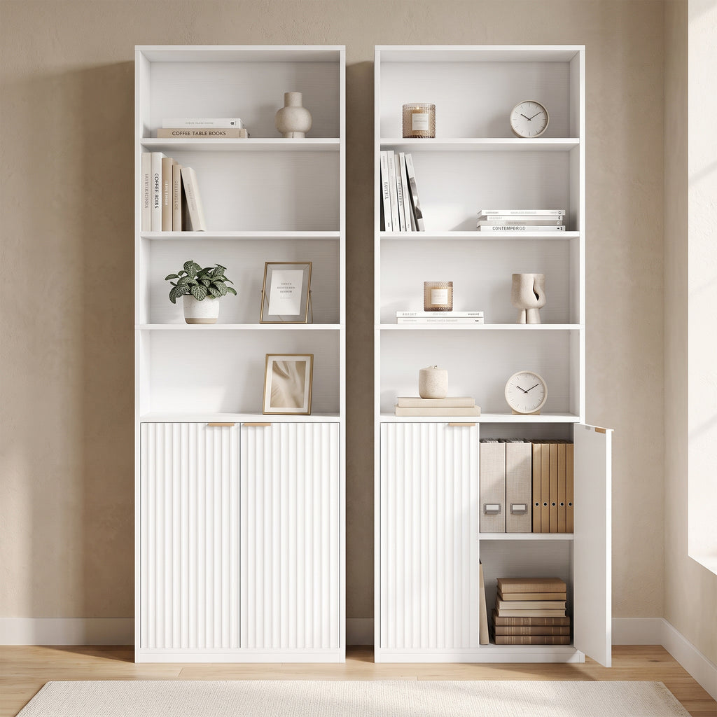 Bibliothèque à 6 Niveaux, Meuble de Rangement, 60 x 24 x 182 cm avec 4 Compartiments Ouverts et 2 Portes, Blanc-8