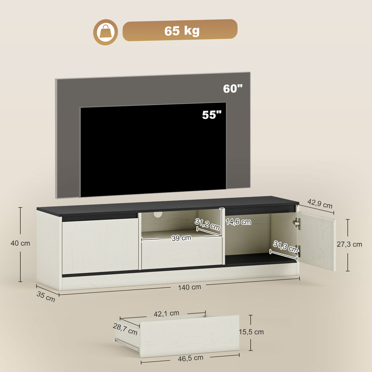 Meuble TV pour Télévision jusqu'à 60" avec 2 Armoires, 1 Étagère Ouverte, 1 Tiroir, Moderne, 140x35x40cm, Noir et Blanc-2