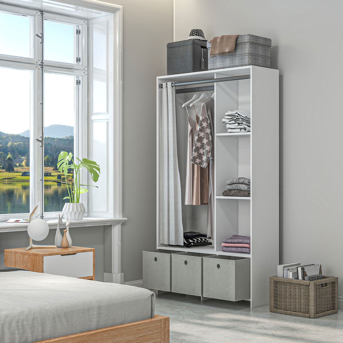 Armoire penderie armoire de rangement avec tringle rideaux 3 tiroirs en tissu amovibles 105 x 48 x 160 cm blanc-1