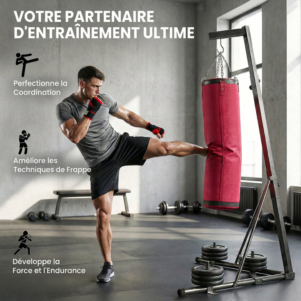 Support Sac de Frappe Autoportant avec Sac de Frappe et Base Lesté Réglable en Hauteur 175x91x231cm Rouge-6