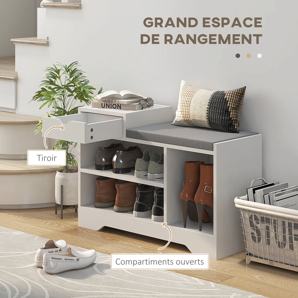 Meuble et banc à chaussures 1 tiroir et 3 compartiments, capacité 5 paires MDF, 76,5L x 30D x 52H cm-3