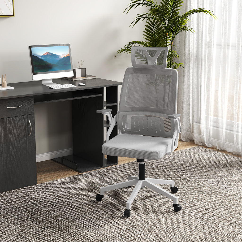 Fauteuil de bureau réglable tissu maille polyester dossier ergonomique inclinable pivotant Gris-1