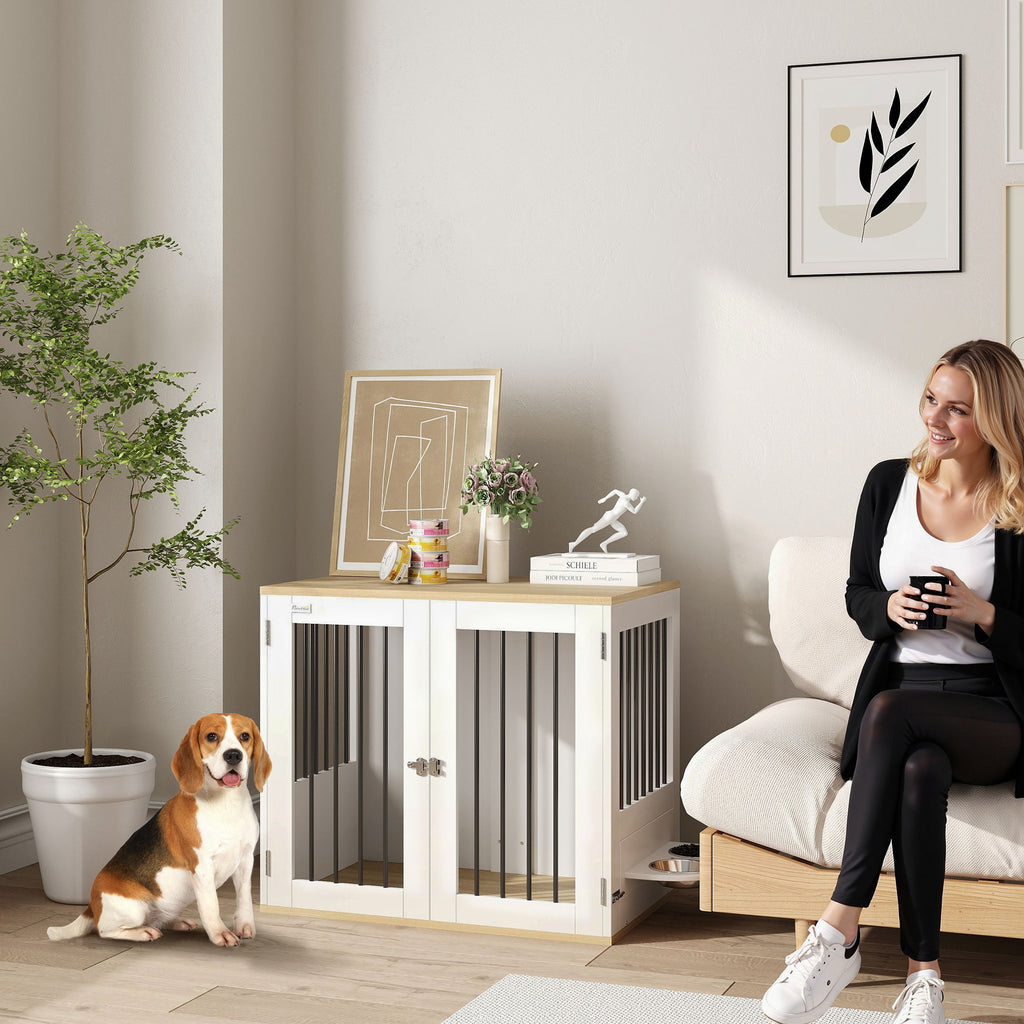 Cage pour chiens, table d'appoint, gamelles amovibles rotatives à 360° 2 portes pour chien moyenne 80x55x71,5cm blanc-9