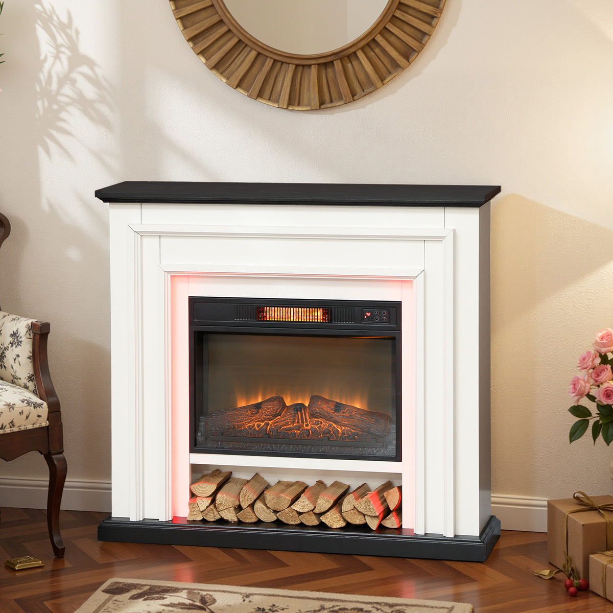 Cheminée électrique 1800W, fausse cheminée décorative lumières LED RGB, effet flamme, manteau, 105 x 27 x 97 cm, noir-1